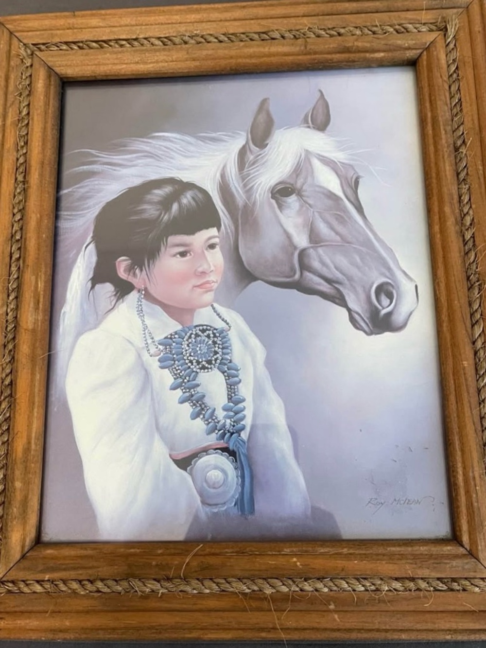 Western Portrait Painting of Native Girl with Horse in White and Soft Blue
